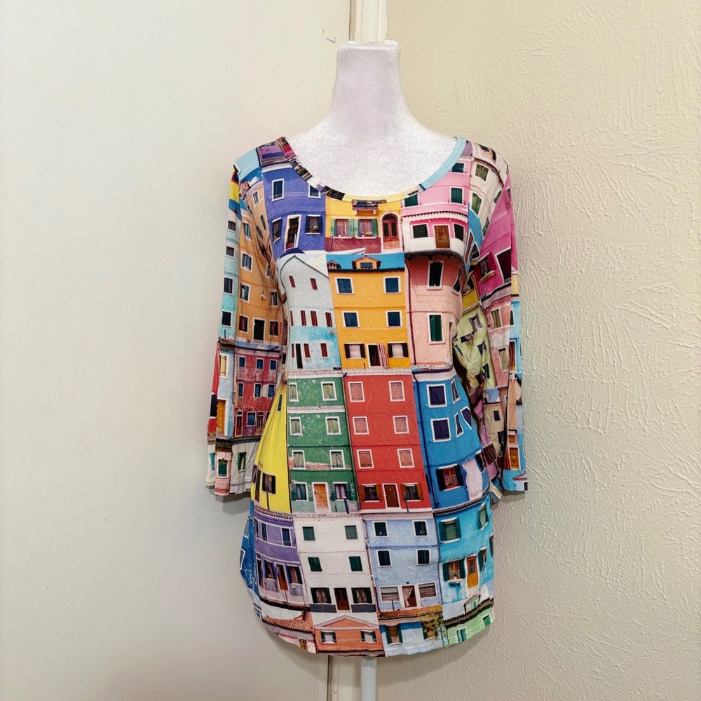 Karen Kane Colorful Houses Italian Dutch Print Tunic Top 3/4 Sleeve Rainbow 2X